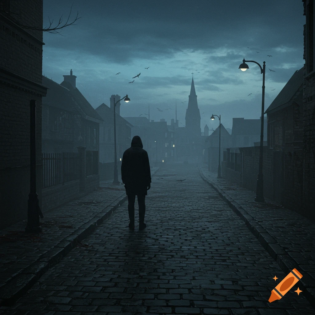 A lone hooded figure walks down a dark, foggy cobblestone street in an old town, lit by streetlights, with a church spire in the distance.