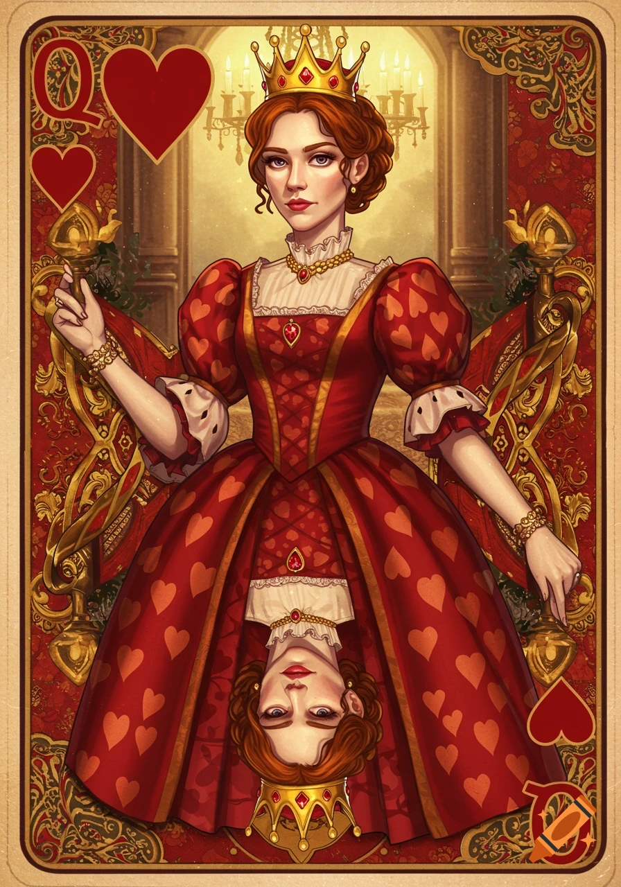 Illustration of a Queen of Hearts playing card, showing a crowned woman in a red, heart-patterned dress with her inverted reflection.