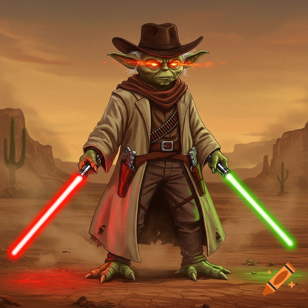 An illustration of Yoda in a cowboy hat and duster coat, holding a red lightsaber and a green lightsaber, standing in a desert.