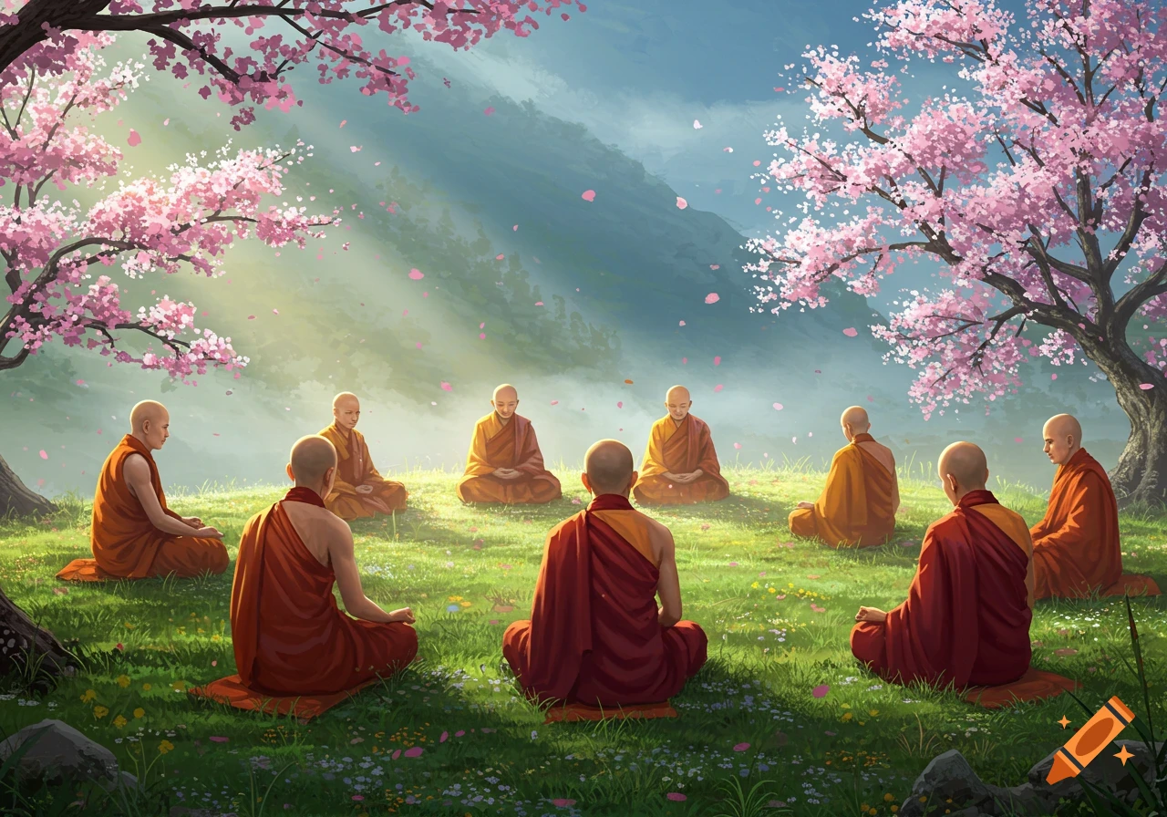 Monks meditate in a circle on a grassy hill under blooming pink cherry blossom trees, with petals falling.