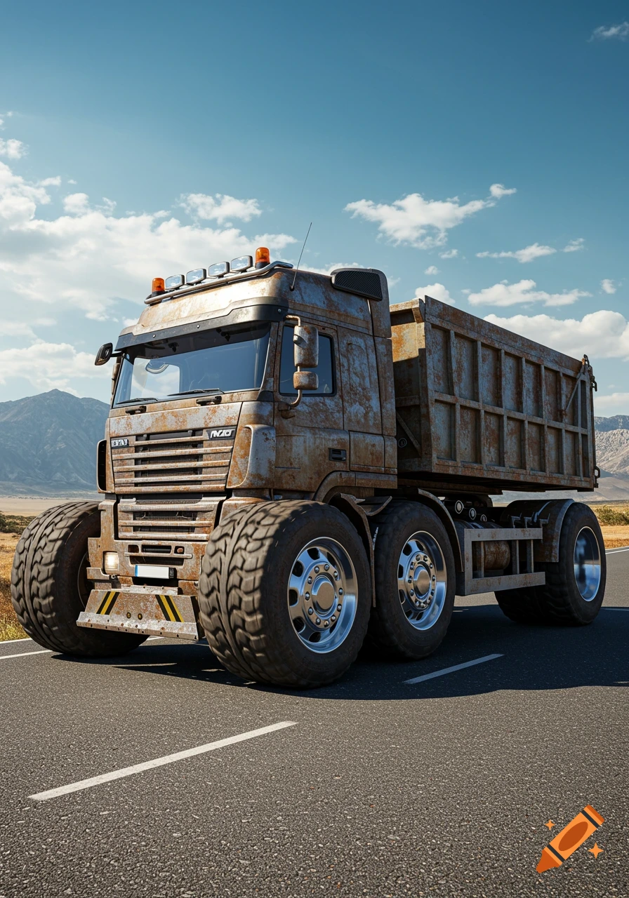 A heavily rusted, large dump truck with oversized wheels drives on an asphalt road under a bright blue sky. Mountains are visible in the background.