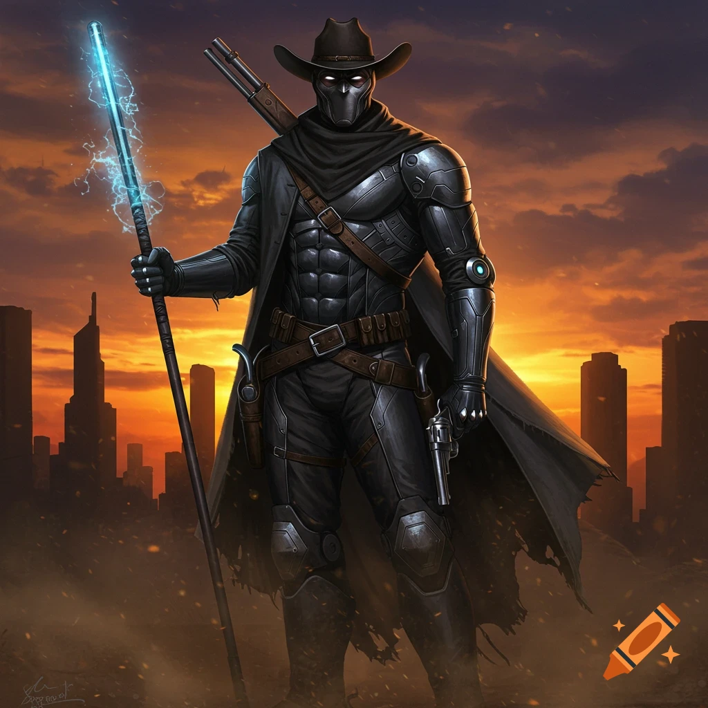 A masked superhero in a cowboy hat and armored suit holds a glowing staff and revolver, standing before a cityscape at sunset. Digital art.