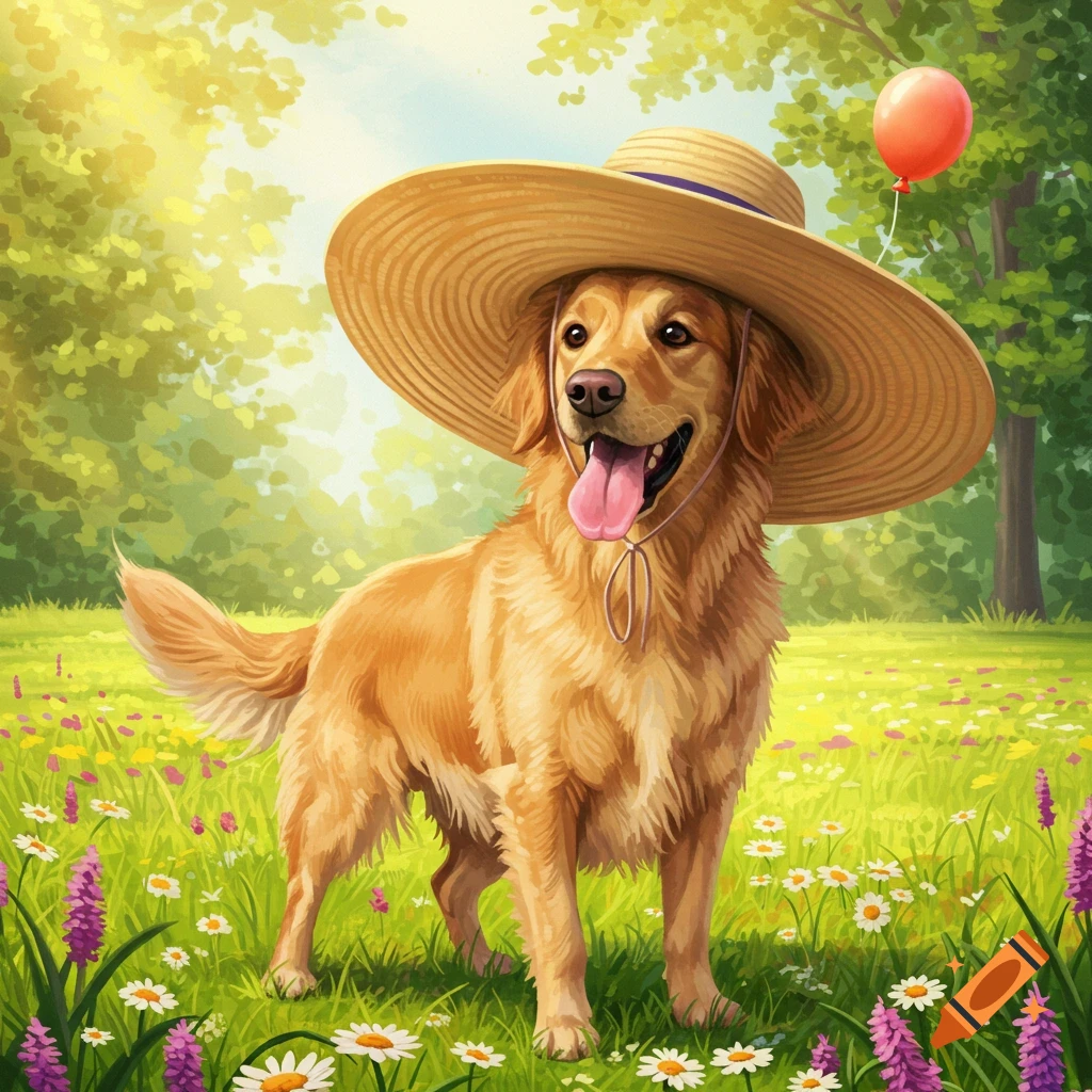 A golden retriever dog wearing a large straw hat stands in a sunny wildflower field with a red balloon, in an illustrative style.