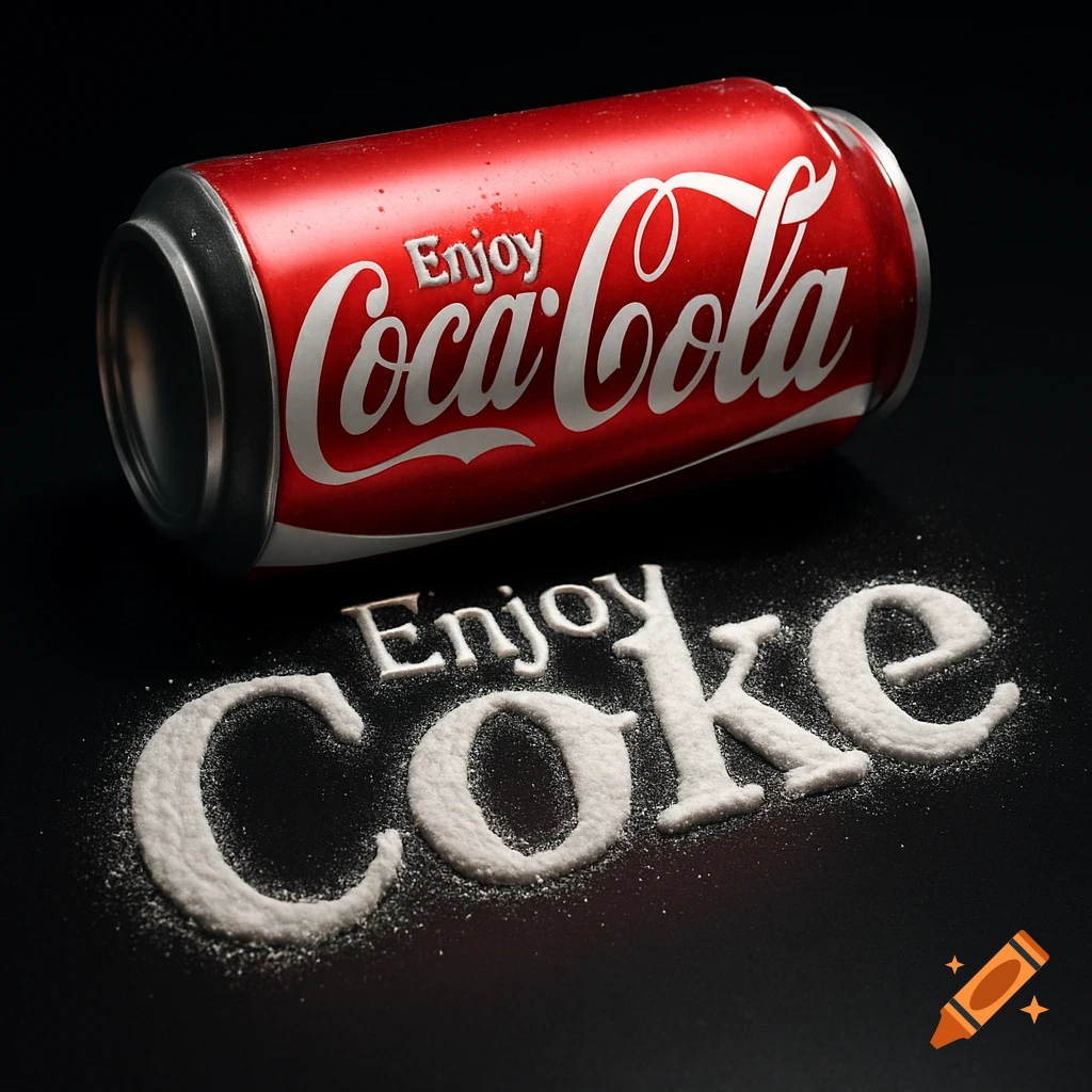 A red Coca-Cola can lies next to the words 'Enjoy Coke' spelled out in white powder on a dark surface, in a photorealistic style.