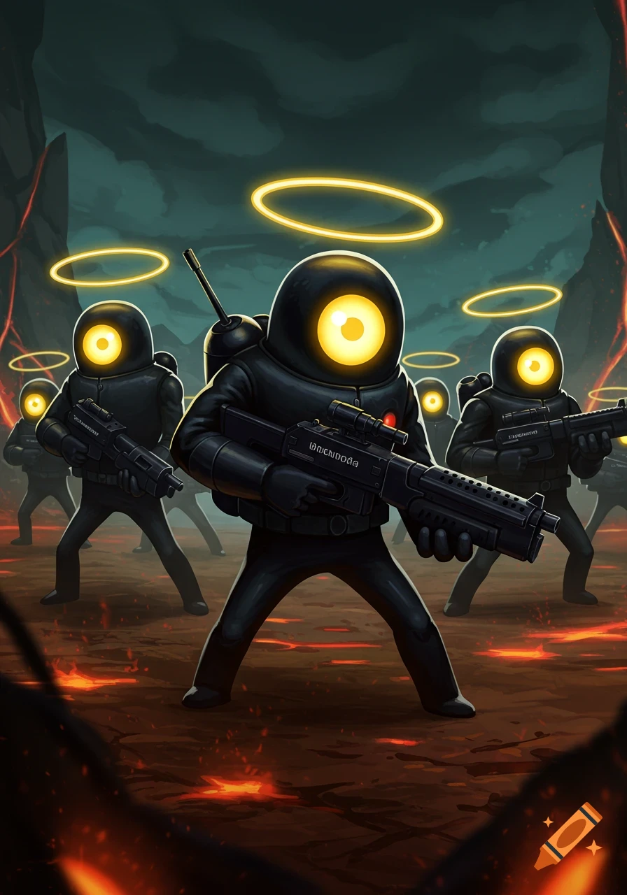 Stylized black-suited figures with glowing single eyes and halos hold blasters in a dark, lava-filled landscape, resembling a video game.
