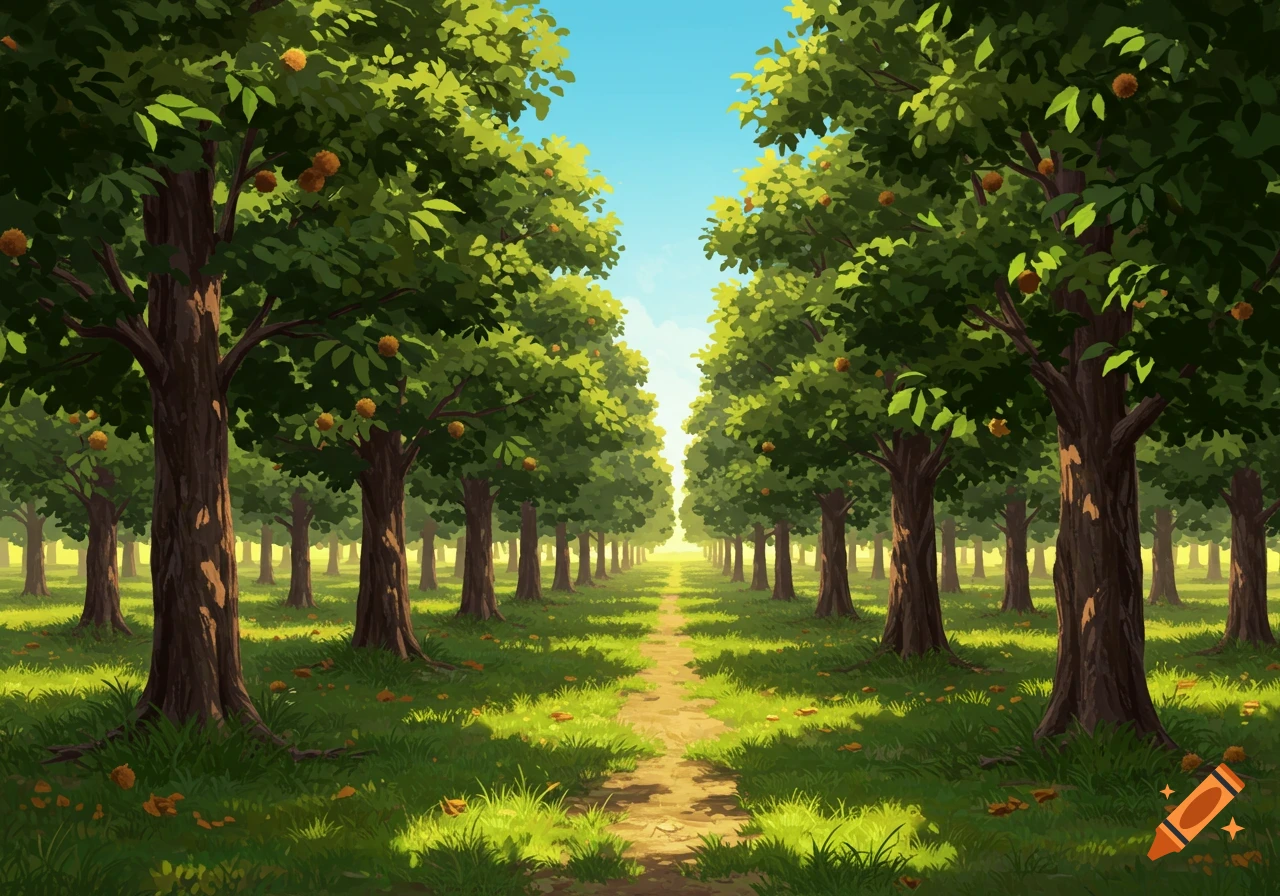 A stylized illustration of a chestnut orchard with rows of trees and a dirt path under a bright sky.