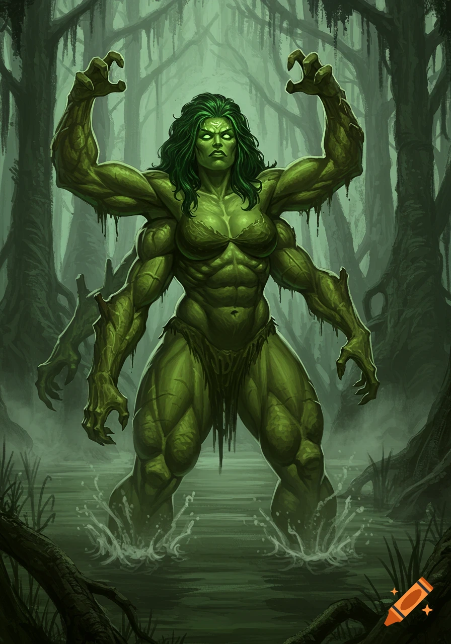 A four-armed, green, muscular swamp monster with glowing eyes stands in murky water amidst dark trees.
