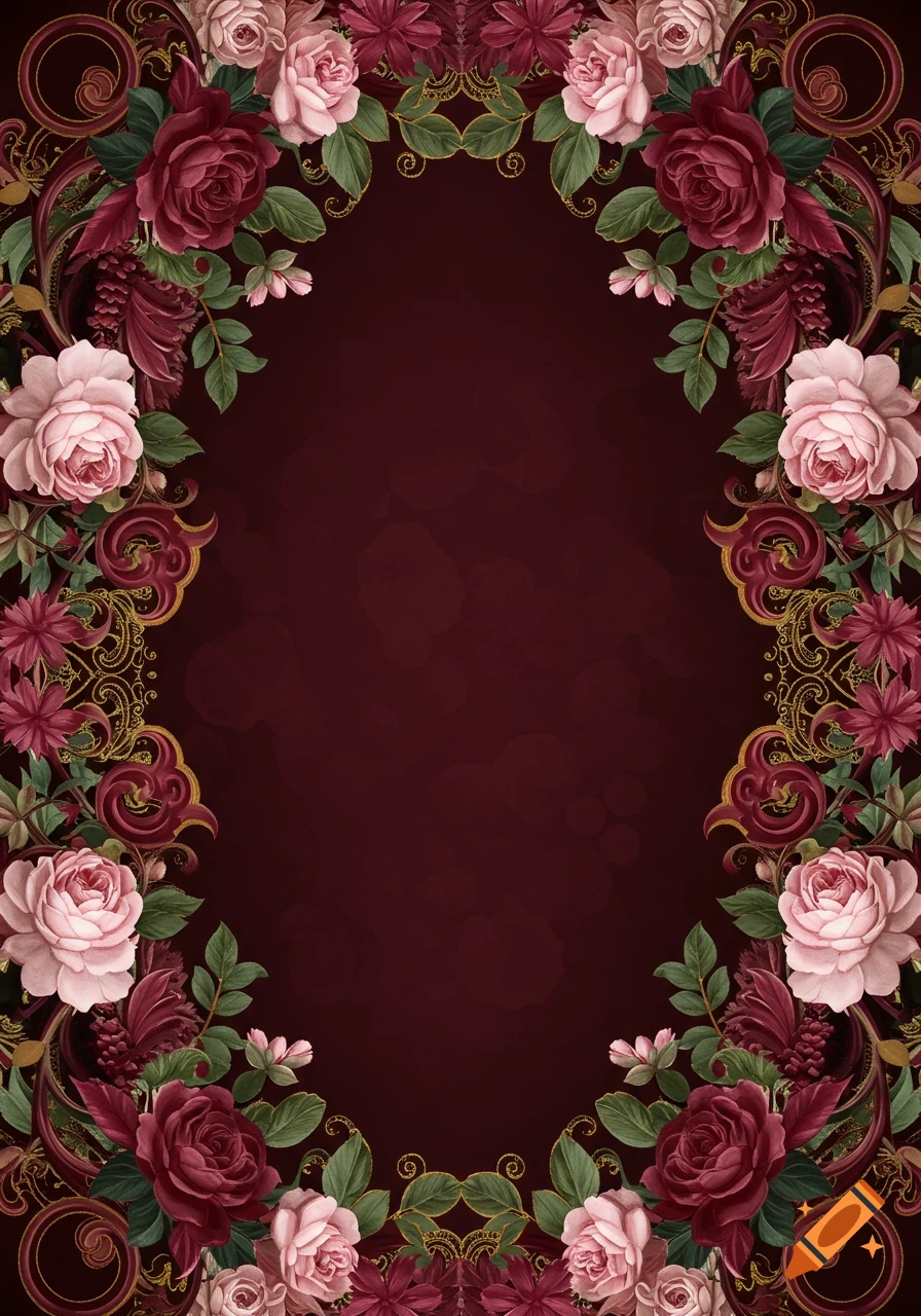 A vertical ornate floral border with pink and deep red roses, green leaves, and gold accents on a deep burgundy background.