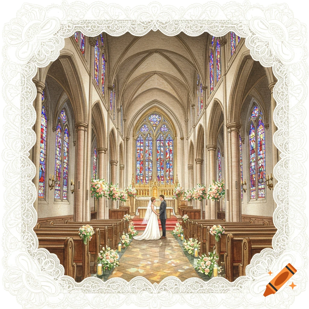 Illustration of a bride and groom standing at the altar in a grand church with stained glass windows, framed by a delicate lace border.