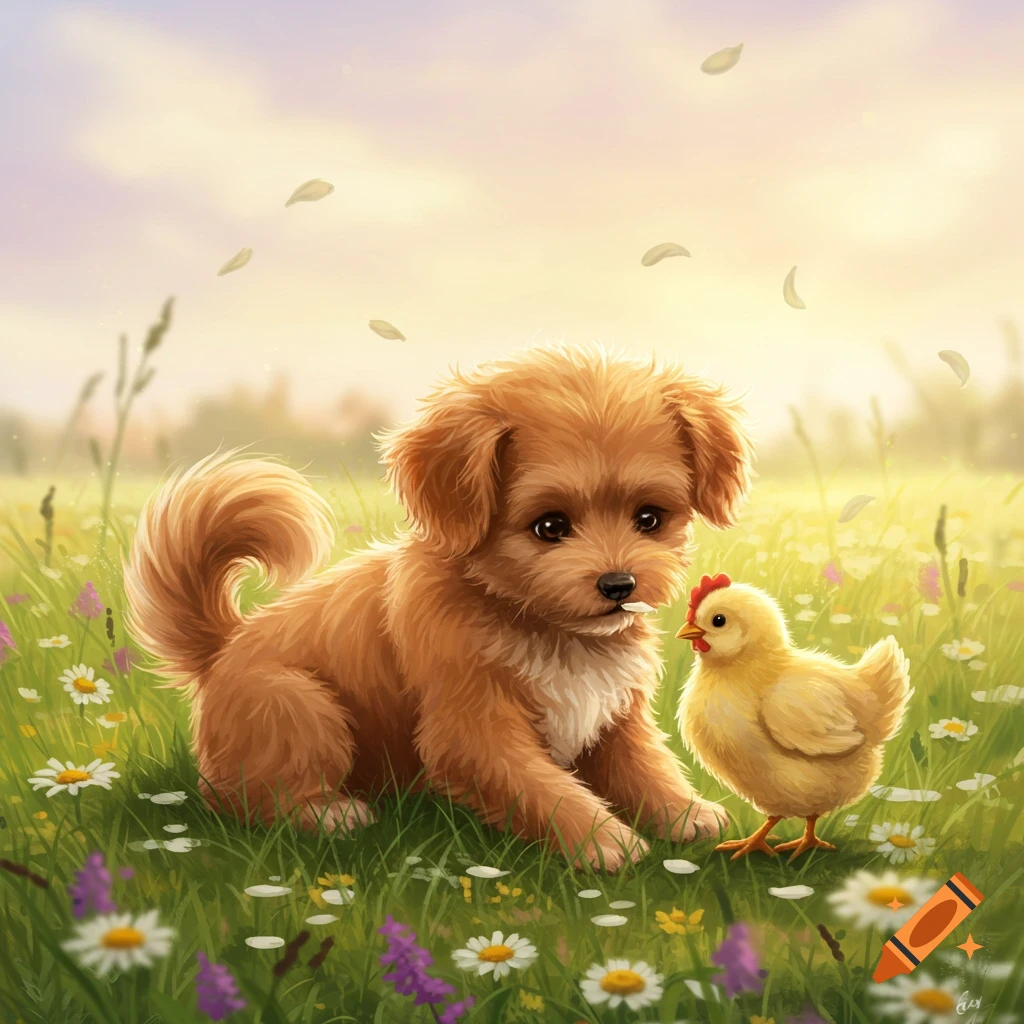 A fluffy brown puppy sits next to a yellow chick in a field of daisies under a soft, golden sky, digital painting.