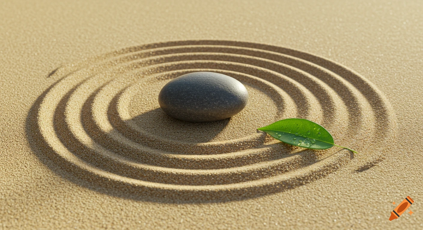 A serene zen garden with raked circular patterns in beige sand, featuring a smooth gray stone and a vibrant green leaf with water droplets.