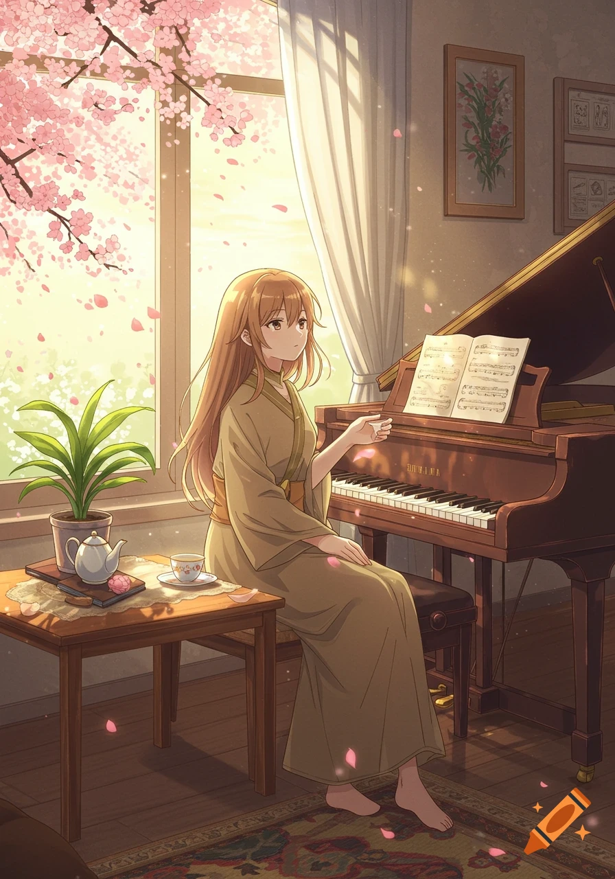 Anime-style illustration of a girl in a kimono playing a grand piano by a window with cherry blossoms outside. Sunlight streams in.