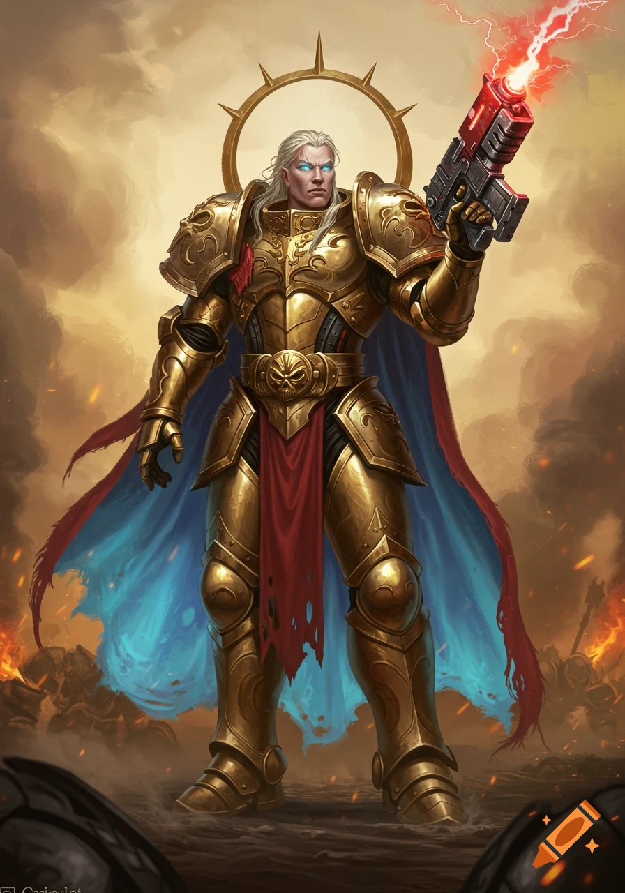 A regal warrior in shining golden armor and a blue cape, with long white hair and glowing eyes, holds a red plasma pistol. A fiery battle rages in the background.