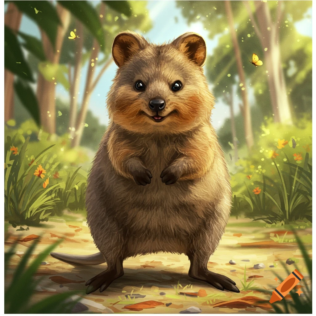 A cute, fluffy quokka stands upright on a sunny forest path, smiling, with butterflies in the background.