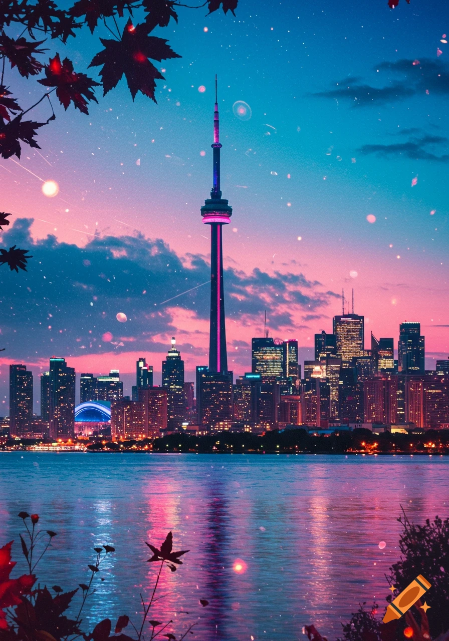 Vibrant purple and blue sunset over the Toronto skyline and CN Tower across a reflective lake, with sparkling lights and foreground foliage.