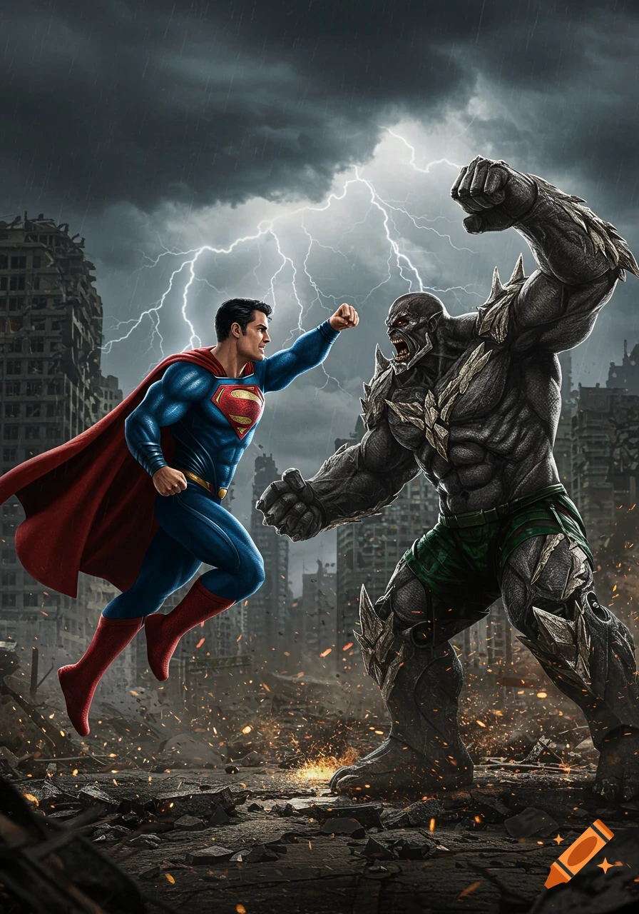 Superman punches Doomsday in a ruined city under a stormy, lightning-filled sky in a dramatic, comic book style.