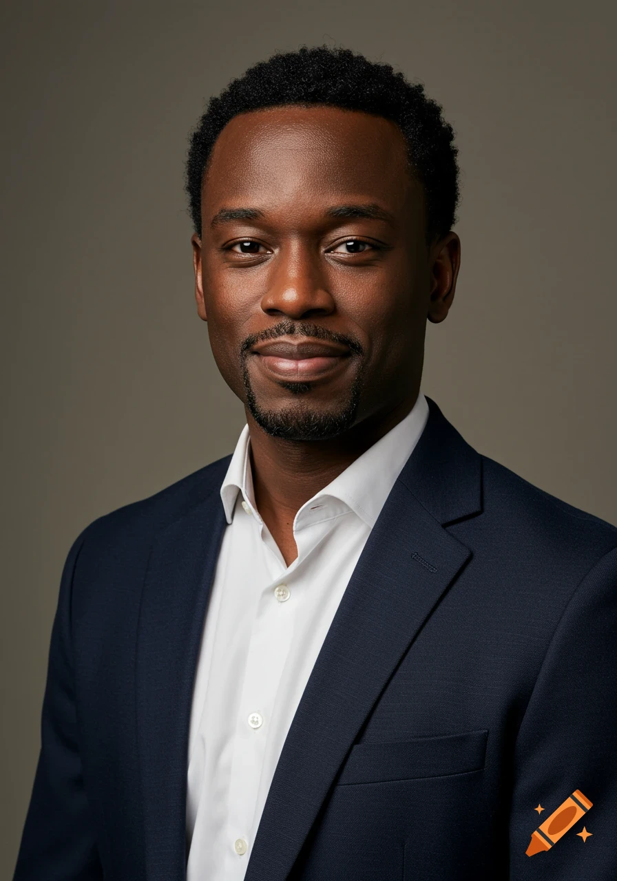A close-up, photorealistic headshot of a smiling Black man in a dark suit and white shirt against a neutral background.