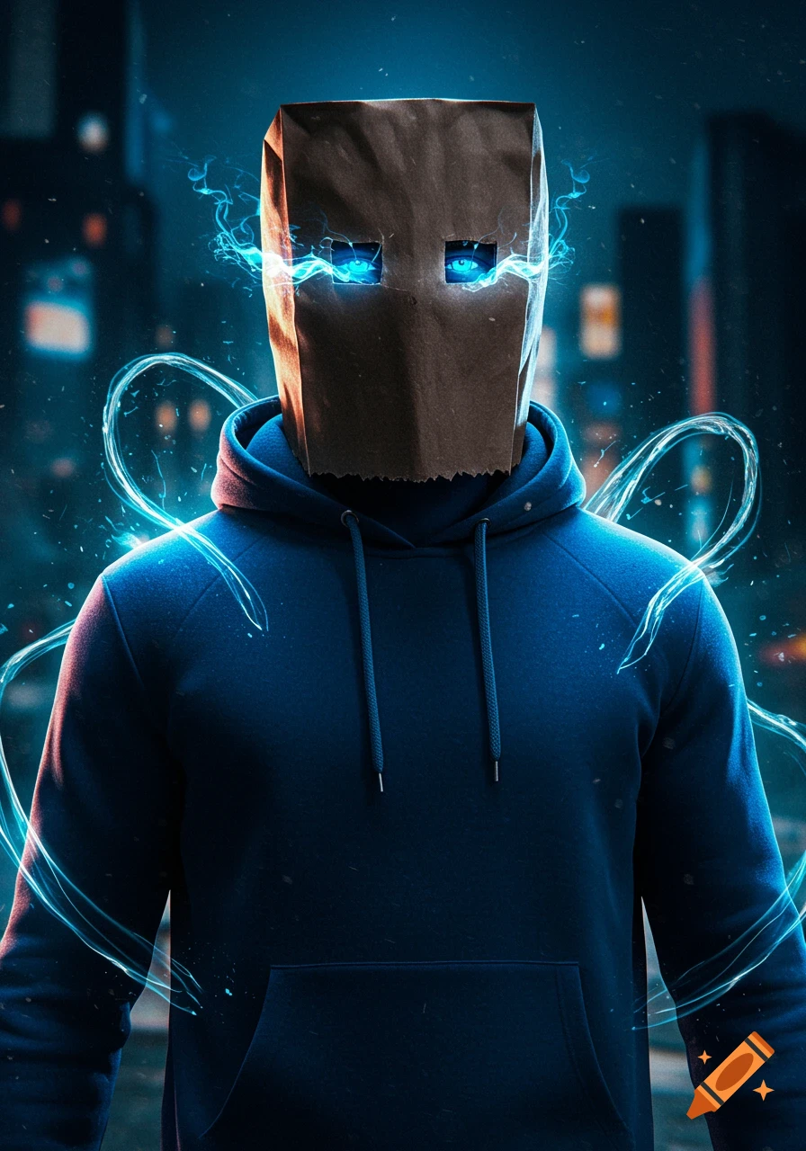 A person in a blue hoodie with a paper bag on their head, glowing blue eyes, and electric energy in a dark urban setting.
