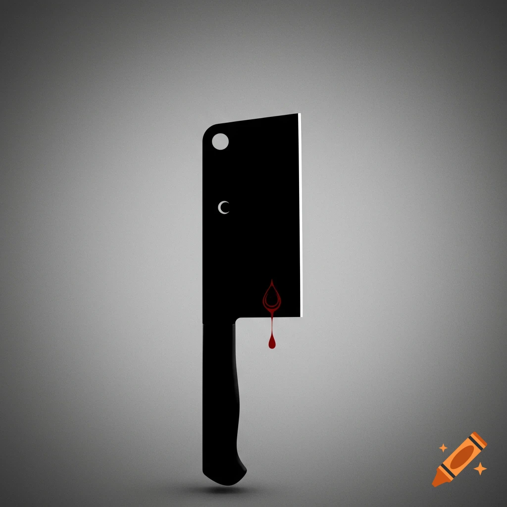 A minimalist black outline of a butcher's cleaver with a red blood drip.