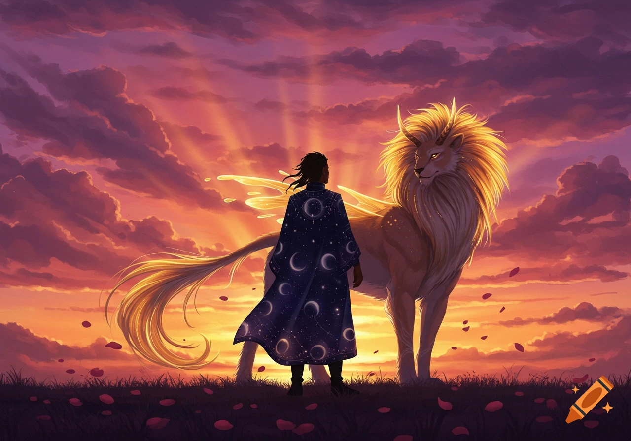 A person in a starry cloak stands before a winged, horned lion-like beast at sunset, with rose petals on the ground.