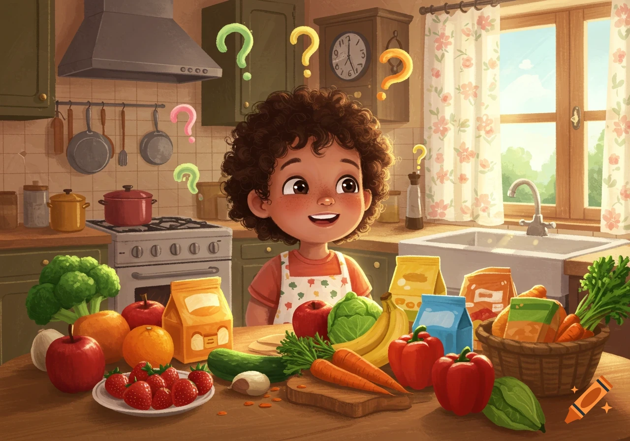 A cheerful child in an apron stands in a colorful kitchen, surrounded by various fruits, vegetables, and packaged foods with question marks above them, in a children's book illustration style.