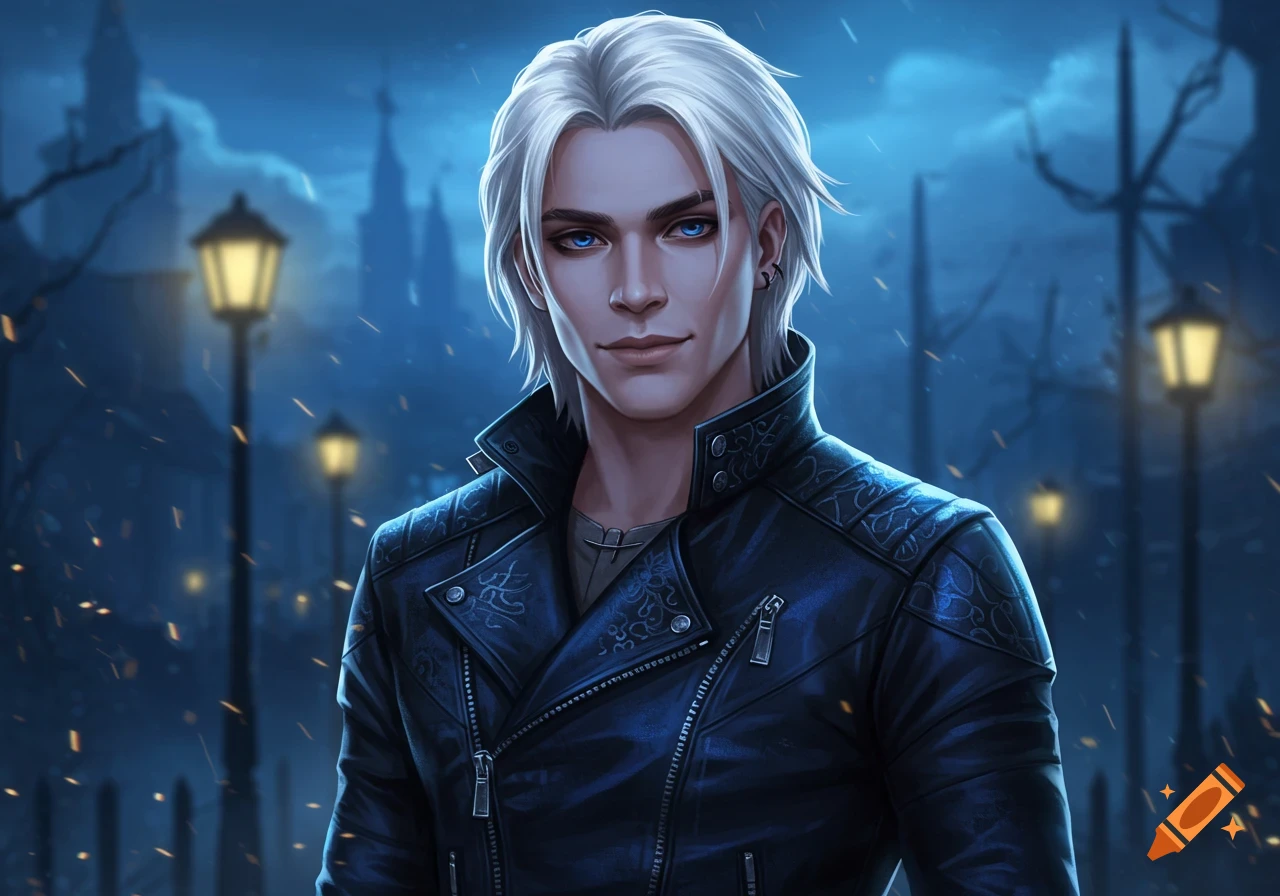Digital art portrait of a young man with white hair and blue eyes, wearing a dark leather jacket, standing at night with street lamps.