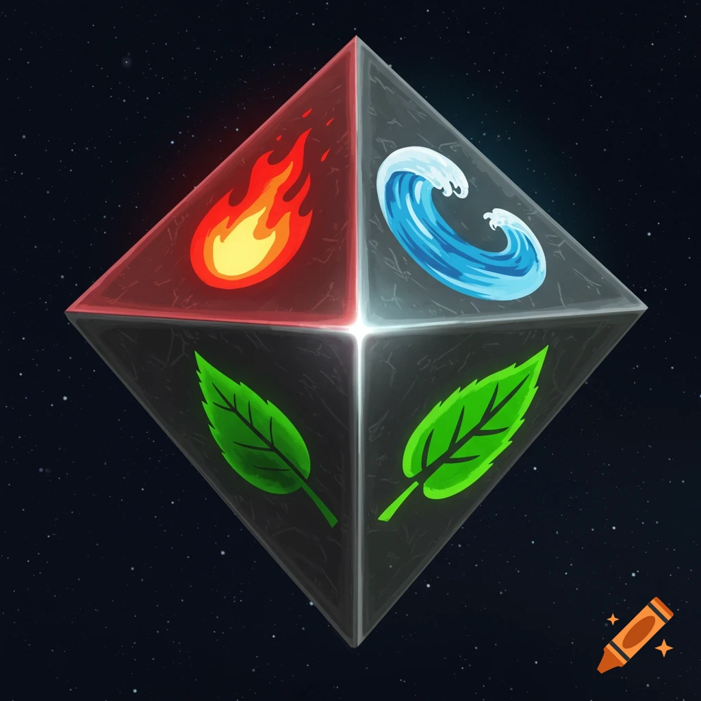 A stylized tetrahedron in space with faces depicting red flame, blue wave, and two green leaves, converging on a luminous core.