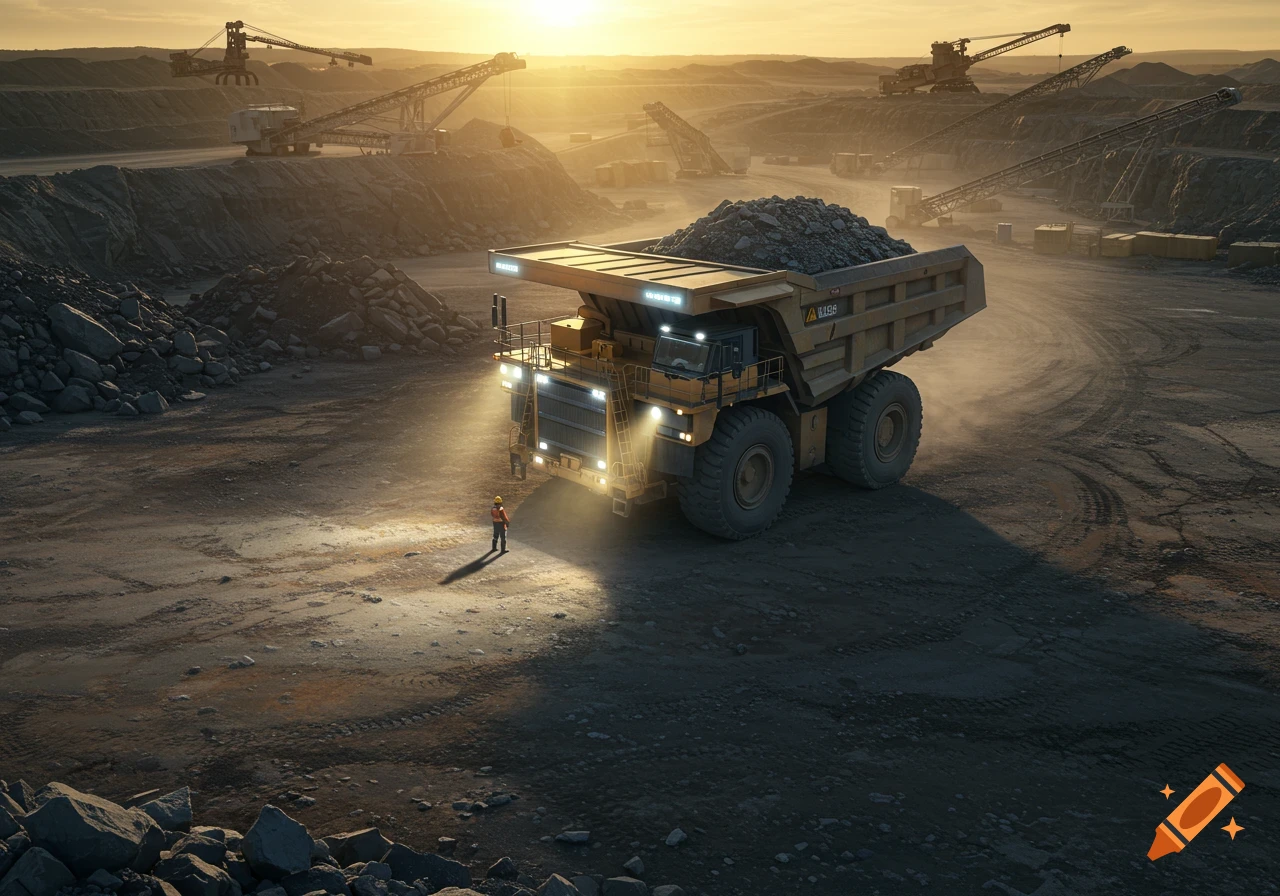 A massive yellow mining truck loaded with material is stopped by a person in a vast open-pit mine at sunset.