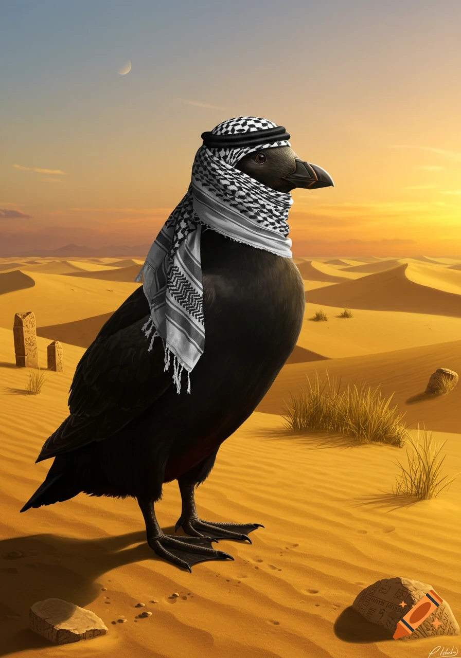 A black great auk wearing a white keffiyeh stands in a desert with sand dunes and scattered ancient stones.