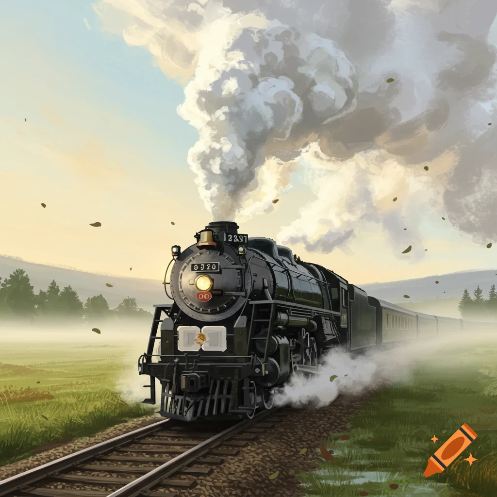A black steam train billows white smoke as it moves through a green field under a clear sky with falling leaves, in an illustrative style.