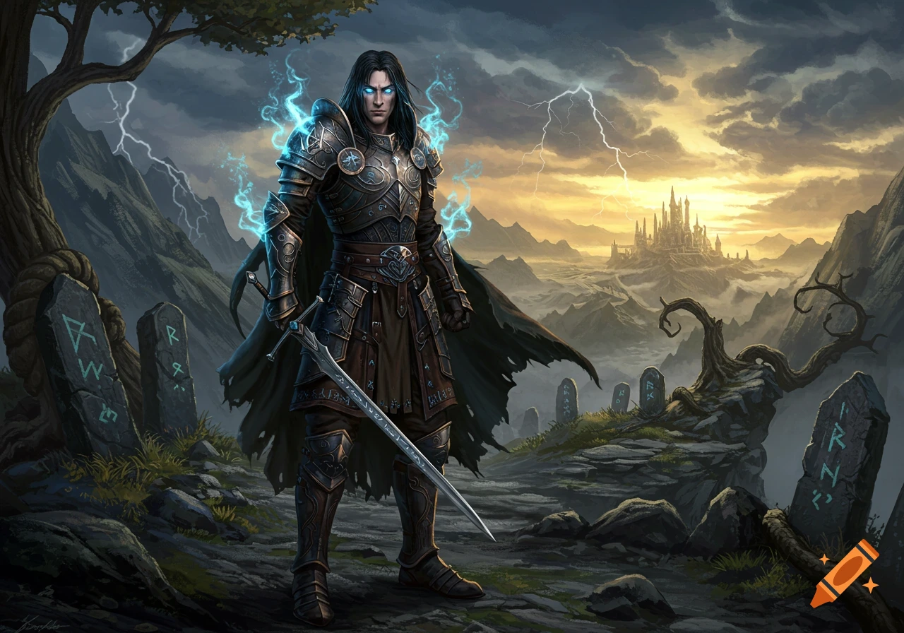 A warrior in dark armor with glowing blue eyes stands with a sword in a stormy, rocky landscape with ancient runestones and a distant castle.