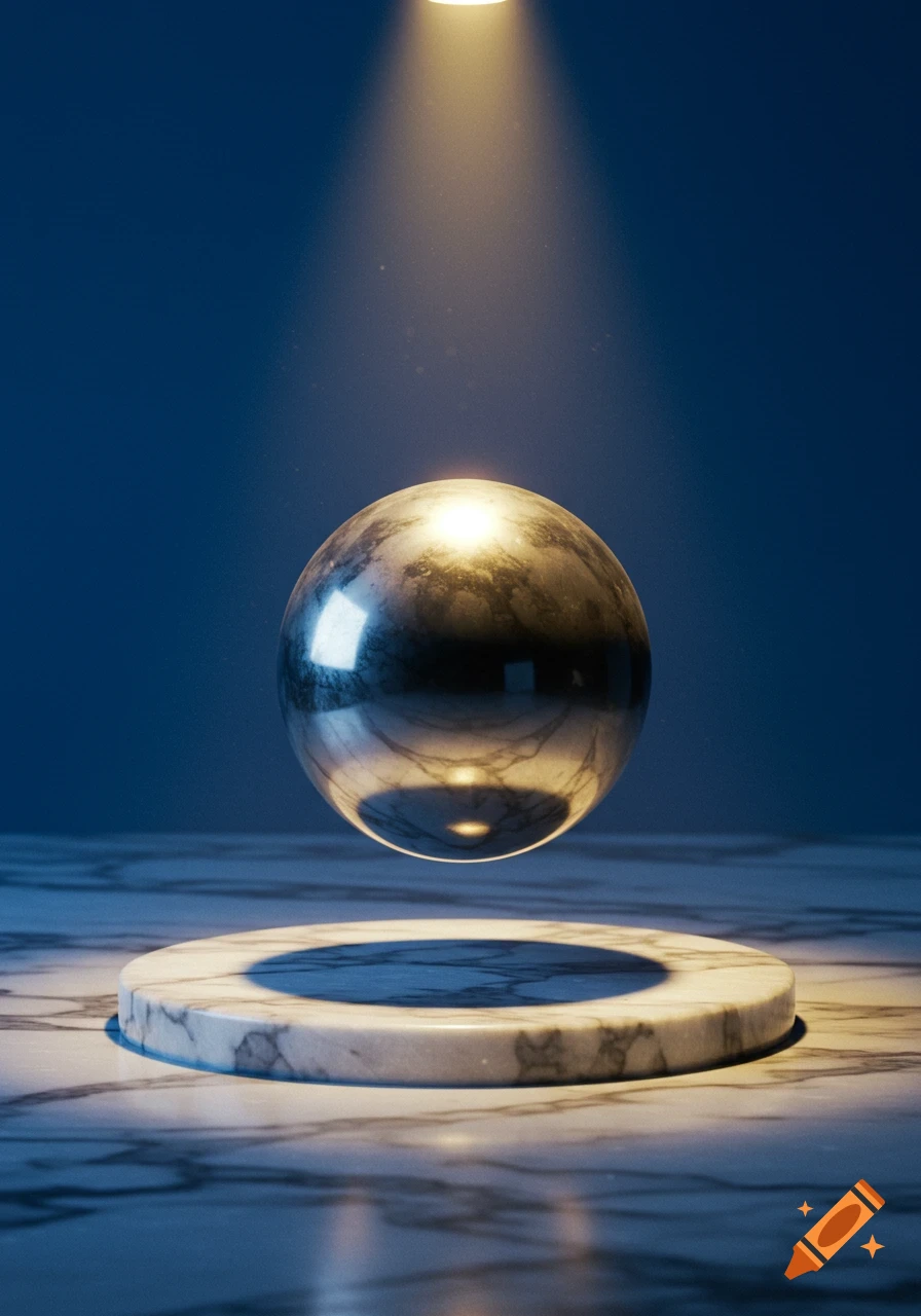 A photorealistic metallic sphere floats above a white marble pedestal under a golden spotlight against a dark blue background.