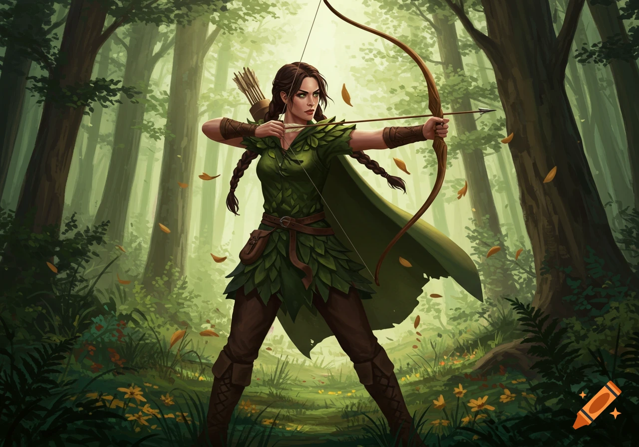 A female archer in a green, leaf-like outfit aims a bow and arrow in a lush forest with sunlight filtering through the trees.