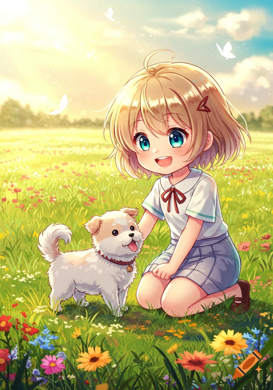 A cute anime girl with short blonde hair and blue eyes kneels in a sunny field of flowers, petting a small dog. Butterflies flutter in the sky.