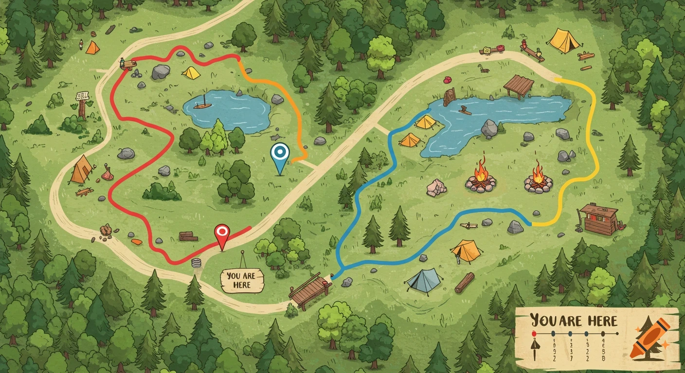 An illustrated top-down map of a peaceful woodland camping area with winding trails, lakes, campfires, and tents, in a hand-drawn park brochure style.