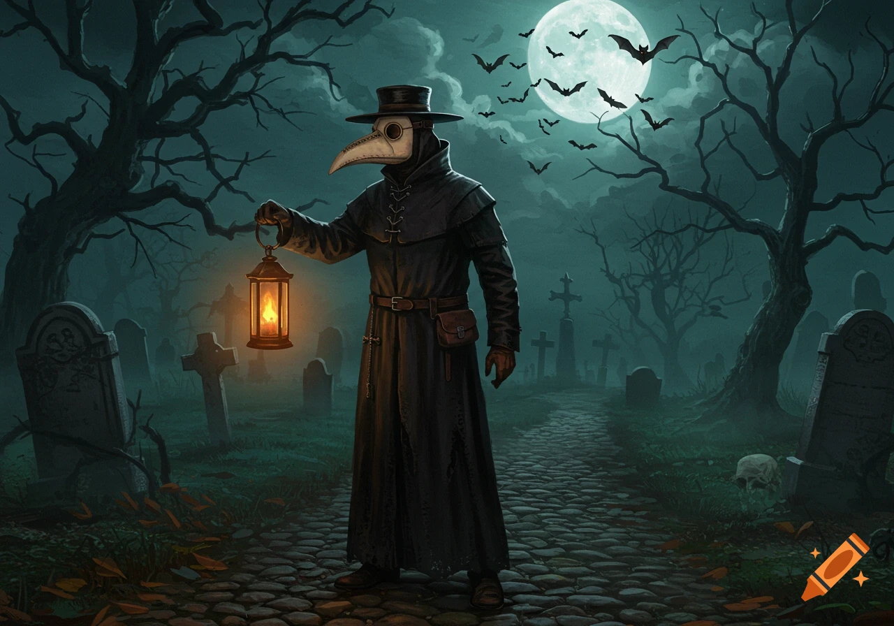 A plague doctor holding a lit lantern walks through a spooky graveyard at night under a full moon with bats flying.