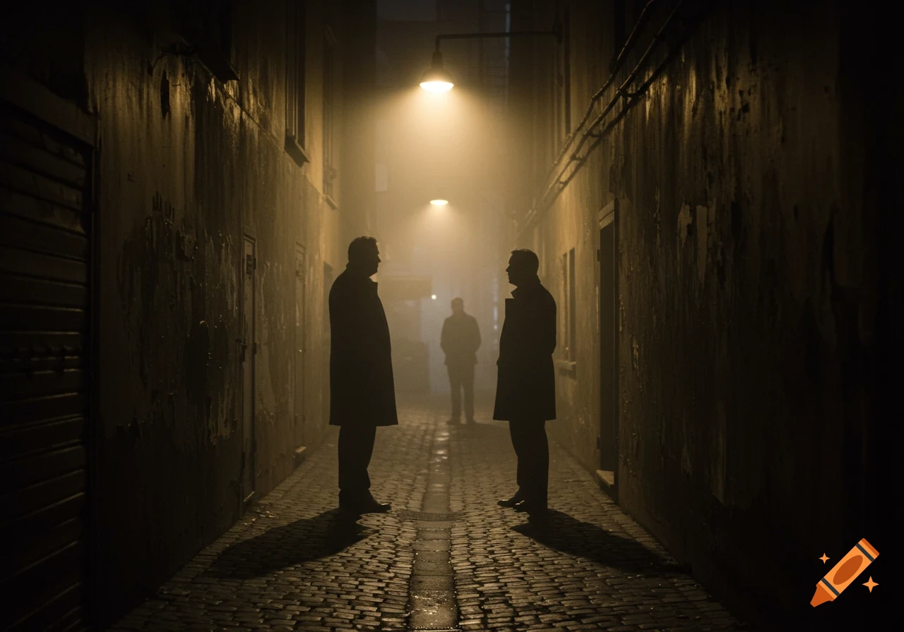 Three men stand silhouetted in a dark, misty alley under the glow of streetlights, creating a mysterious atmosphere.