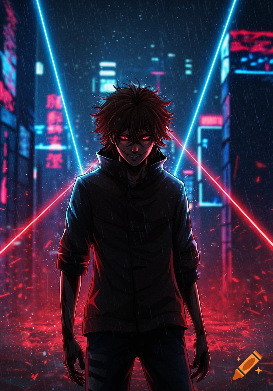 An anime character with red eyes and a sinister smirk stands in a dark, rainy cyberpunk city street with neon lights.