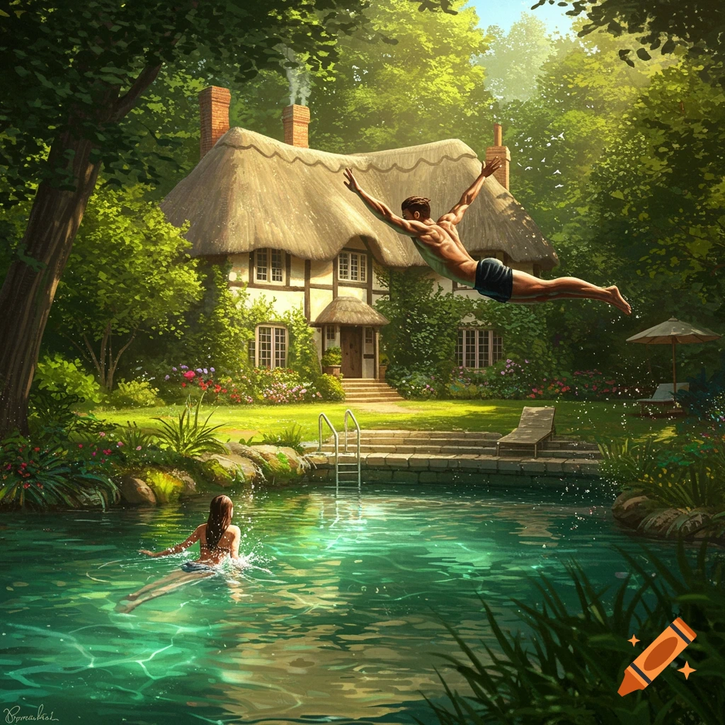 A man dives into a clear green pool in front of a thatched cottage as a woman swims, surrounded by lush trees.