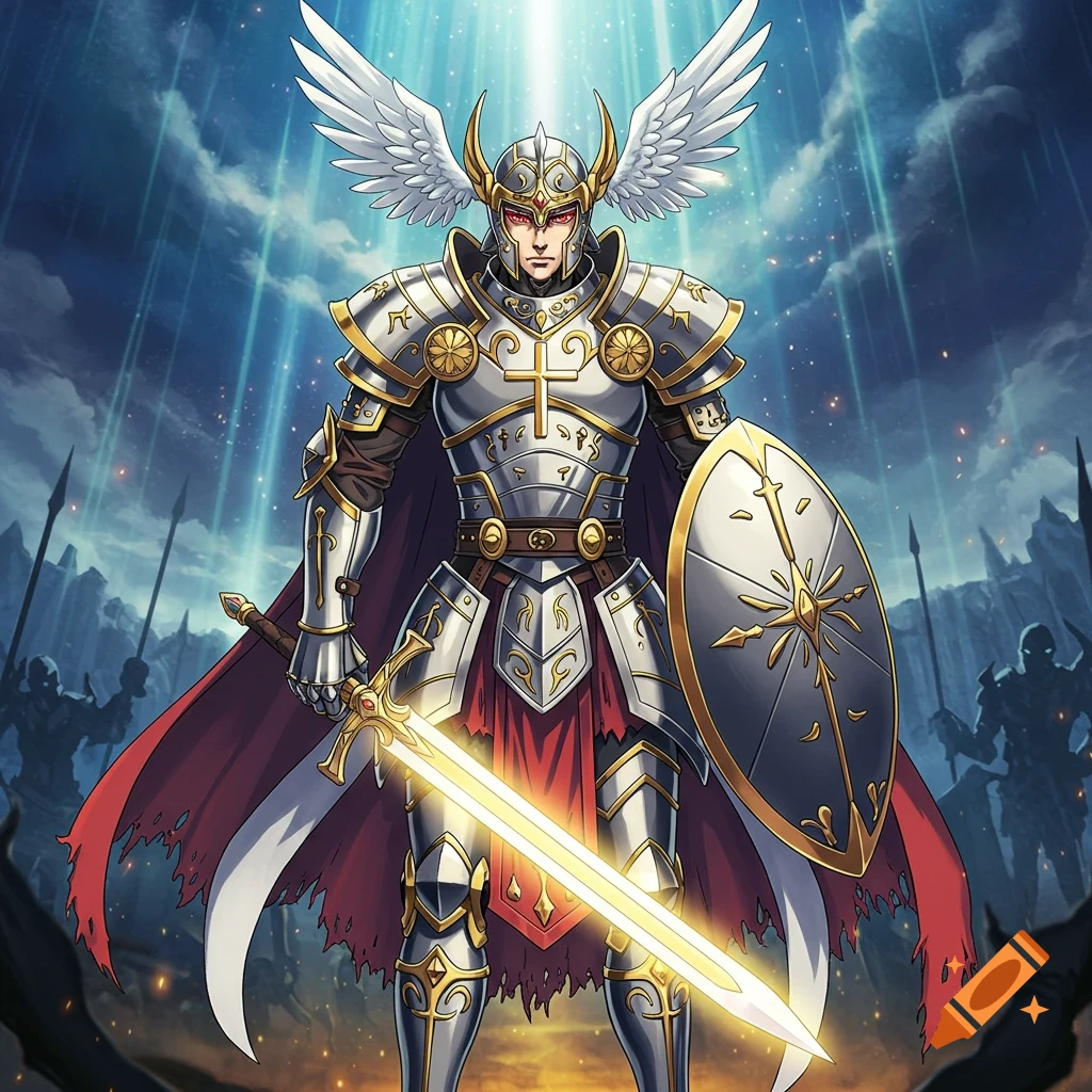 A Japanese anime style armored knight with white wings, red eyes, holding a glowing sword and shield, bathed in light from above.