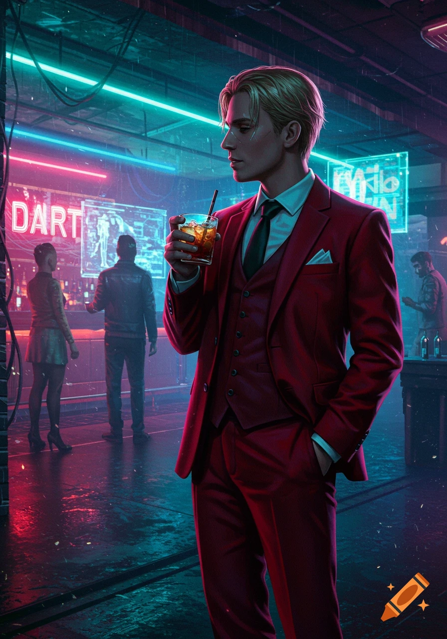 A man in a red suit holds a drink in a neon-lit cyberpunk bar, with other patrons in the background.