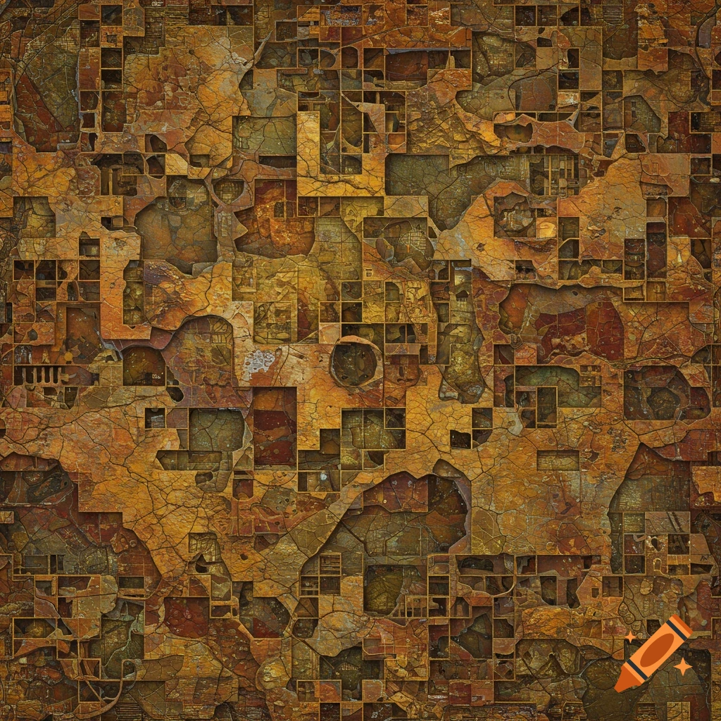 An abstract pattern featuring earthy tones, intricate cracks, and a geometric lattice formation.