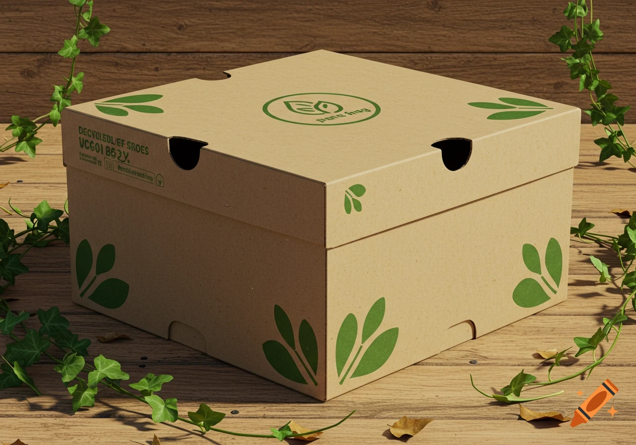 A brown cardboard box with green leaf designs sits on a wooden surface with ivy vines and dried leaves.