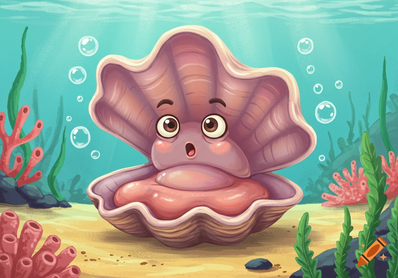 A surprised cartoon clam with wide-open shells on a sandy ocean floor with coral and bubbles.