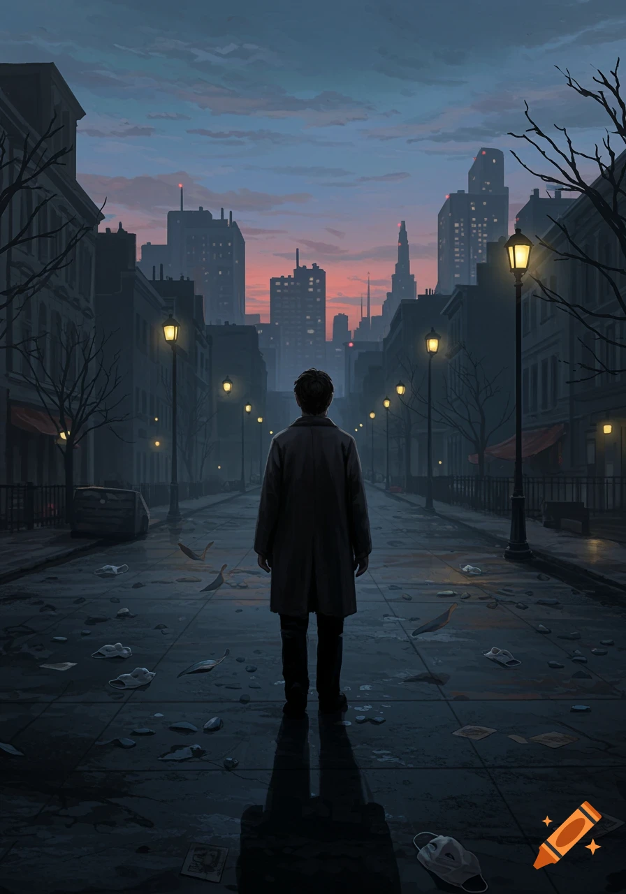 A person stands alone on an empty city street at dusk, looking at the distant skyline.