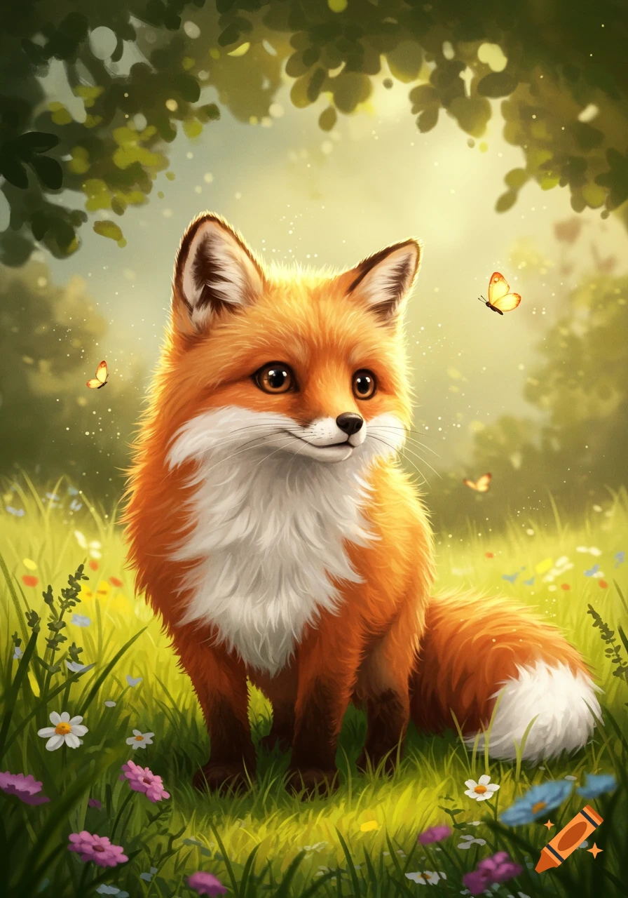 A cute, fluffy orange and white fox sits in a sunlit meadow with green grass, small flowers, and flying butterflies.