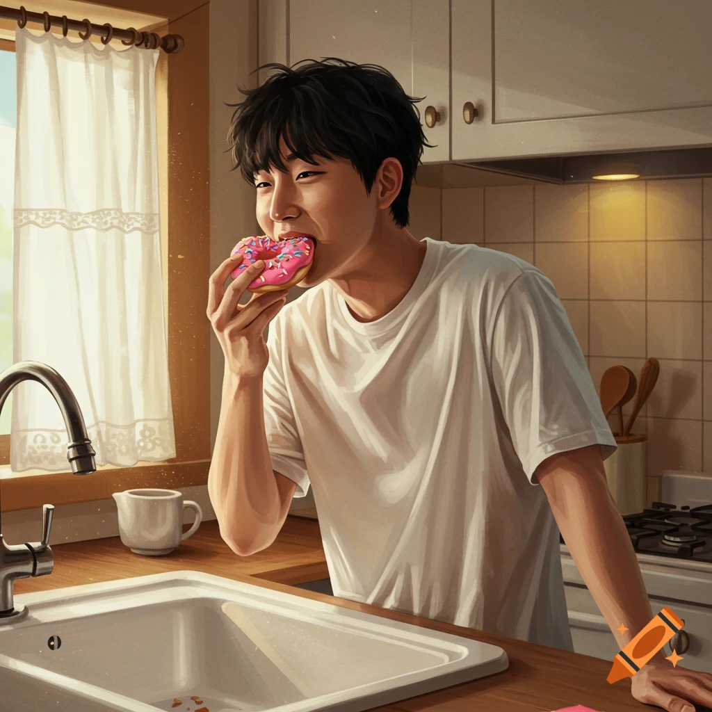 An Asian man in a white t-shirt happily eats a pink donut over a kitchen sink in a bright kitchen.
