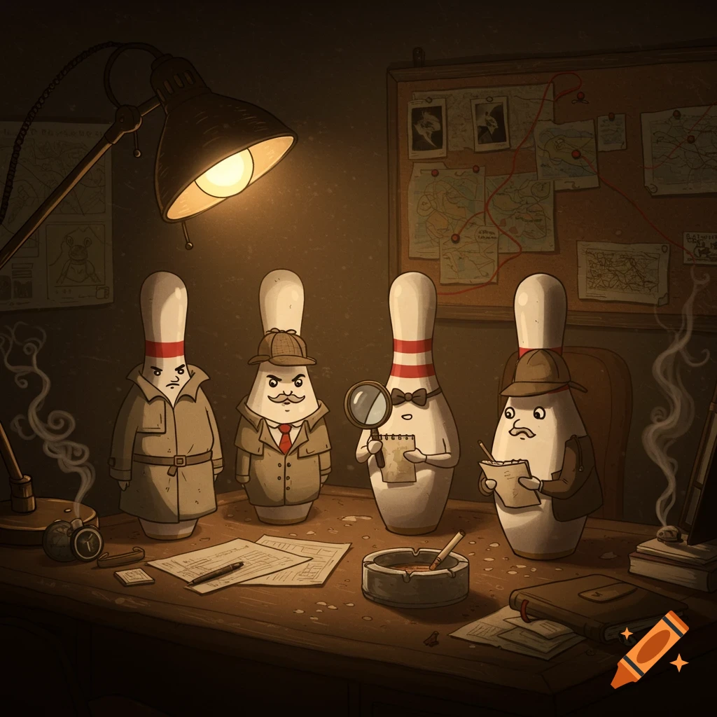 Cartoon illustration of four bowling pins dressed as detectives in a dimly lit office with maps and documents.