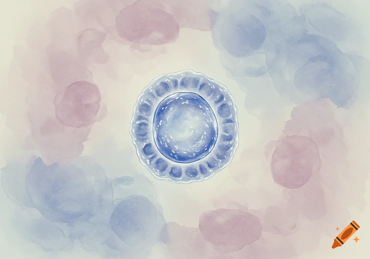 Watercolor illustration of a single blue lymphocyte cell surrounded by soft purple and blue washes.