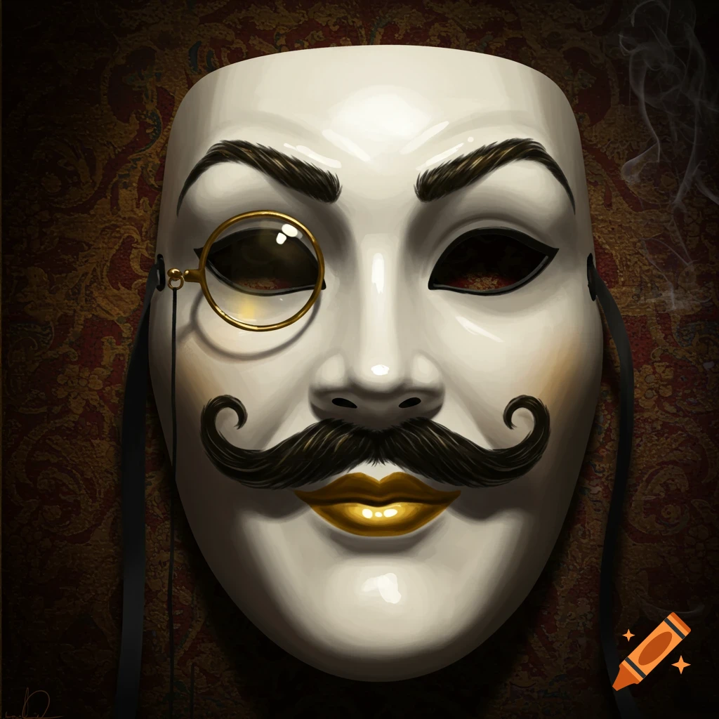 A stylized white mask with black eyebrows, a curly mustache, golden lips, and a monocle, against a dark ornate background.